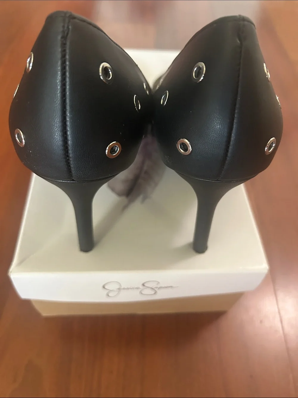 Jessica Simpson Black Pointed Toe Heels with Silver Eyelet Accents 9.5